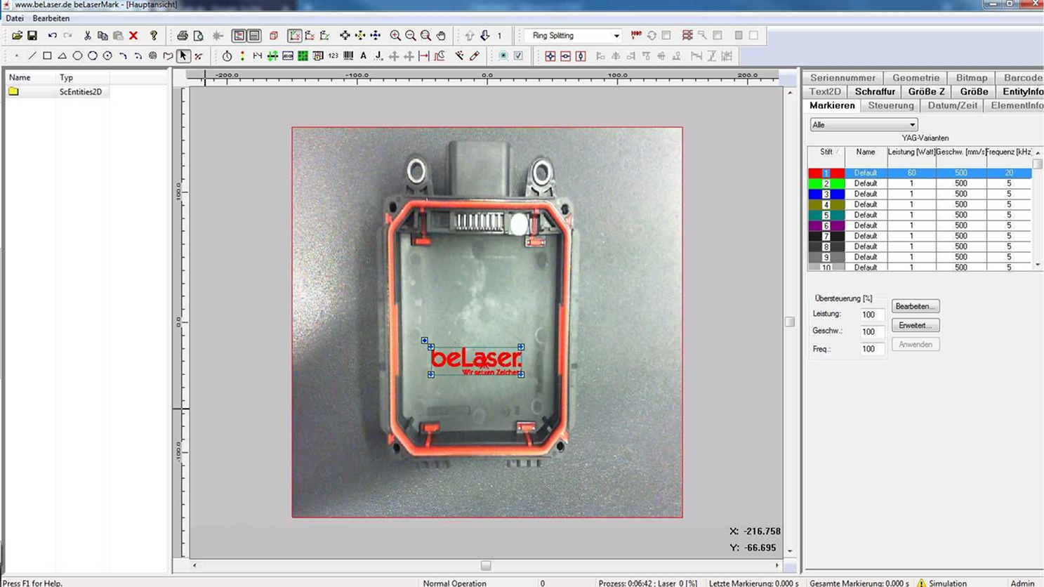 Beschriftungslasersoftware beLaserMark mit Hintergrundkamera zur einfachen Positionierung